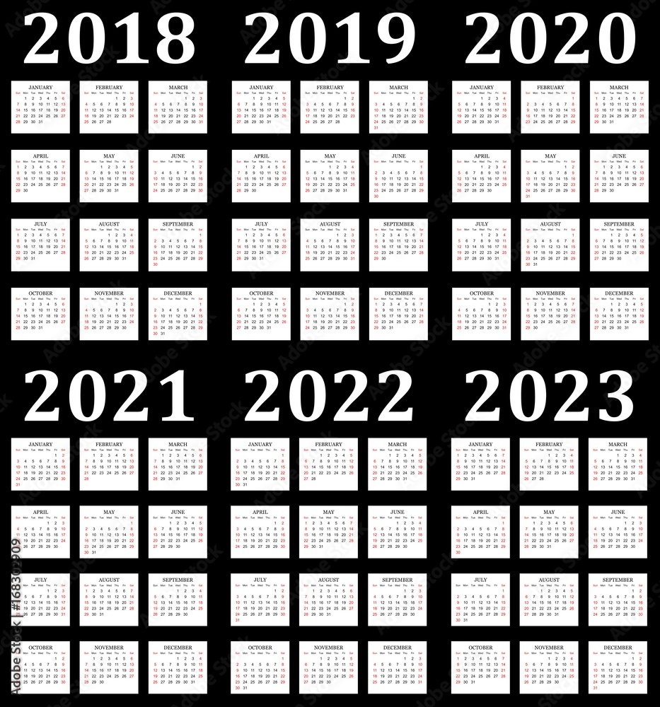Six year calendar 2018, 2019, 2020, 2021, 2022 and 2023. Stock Vector