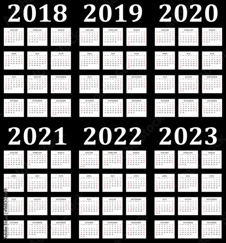 Six year calendar - 2018, 2019, 2020, 2021, 2022 and 2023.