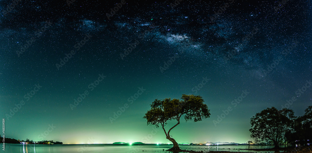 Obraz premium Landscape with Milky way galaxy. Night sky with stars and silhouette mangrove tree in sea. Long exposure photograph.