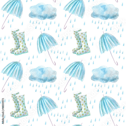 Seamless pattern of a rain drops,wellingtons,umbrella and clouds.Watercolor hand drawn illustration.White background.