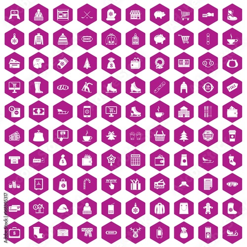 100 winter shopping icons hexagon violet