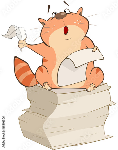 Illustration of a Cute Cat Writer. Cartoon Character
