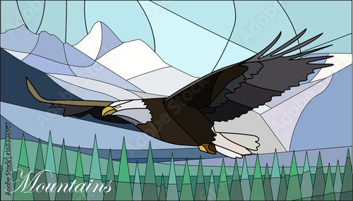 Illustration in stained-glass style with mountains and eagle