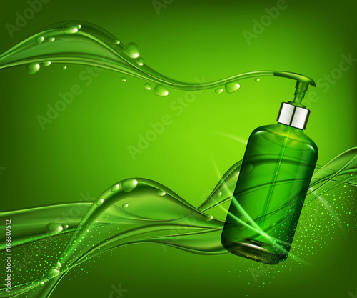 Vector realistic, green, transparent bottle 3d with soap pump  on background green bubbles (drops) and abstract waves  . Cosmetic vial wish shampoo,gel. Elements, template for cosmetic business, 