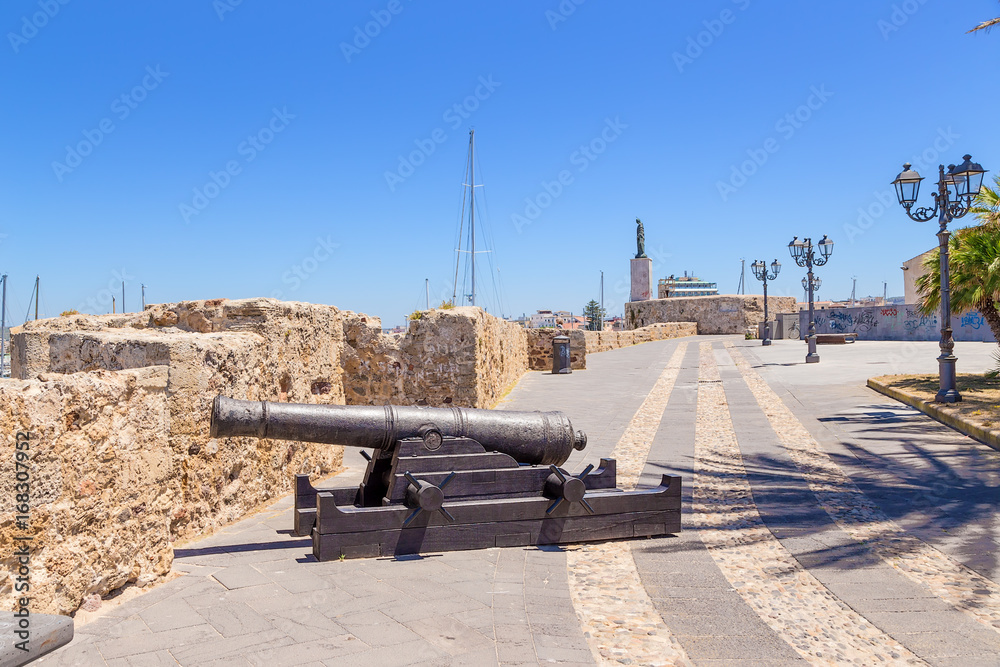 Alghero, Sardinia, Italy. A cannon on the coastal bastion.