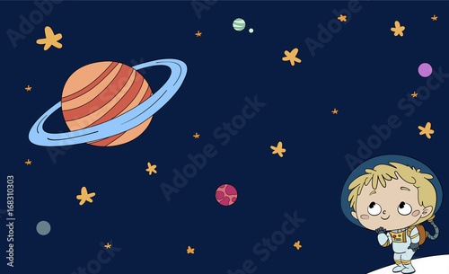 niño con traje espacial y universo