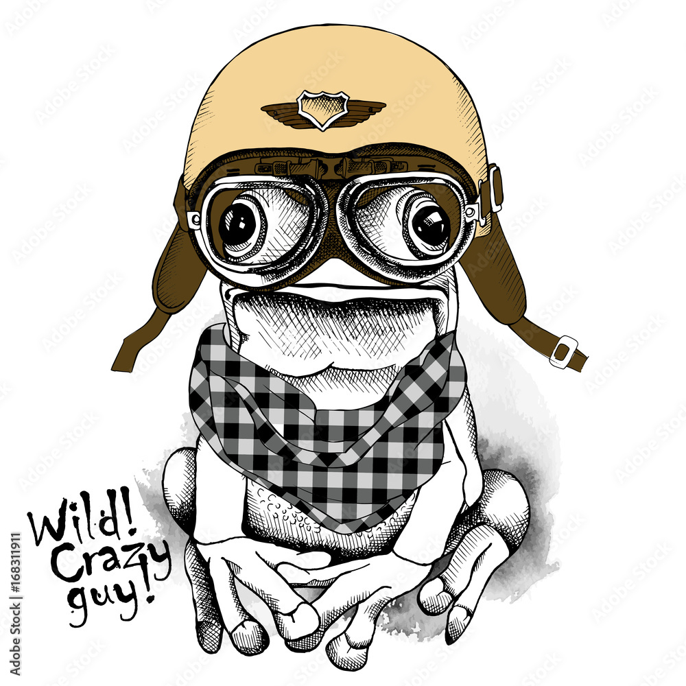 Fototapeta premium Poster with image of a frog wearing retro motorcyclist helmet and checkered neckerchief. Vector illustration.