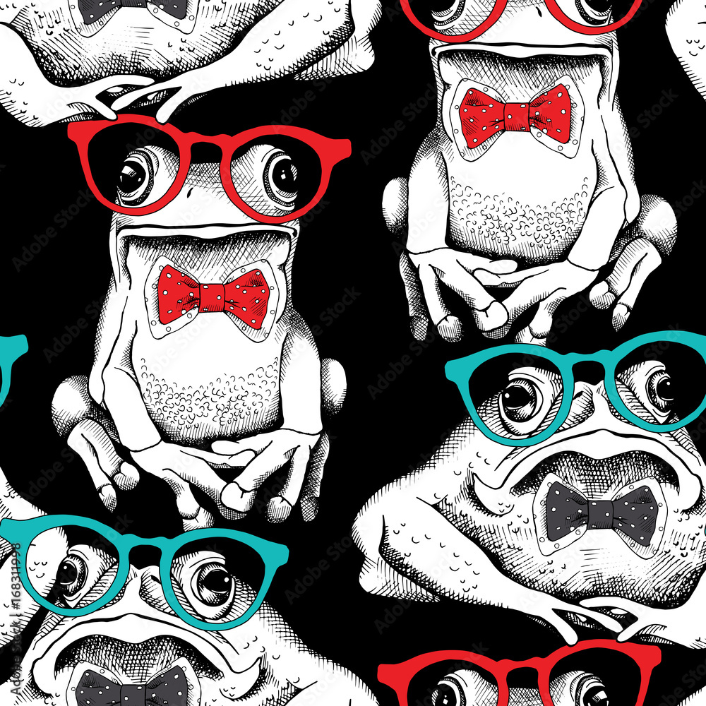 Naklejka premium Wzór z wizerunkiem żab w okularach i krawacie. Ilustracji wektorowych.