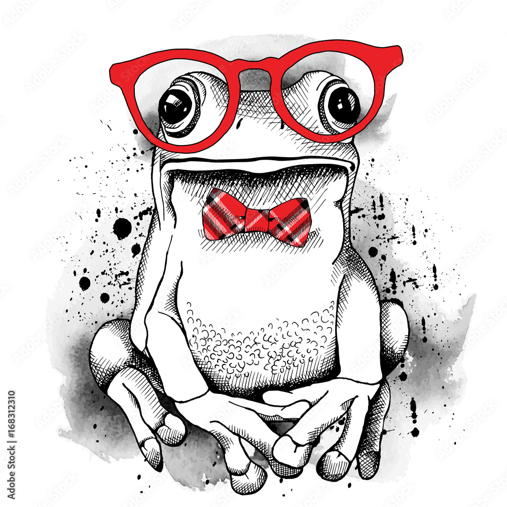 Naklejka premium Plakat z rysunkiem żaby w okularach i czerwonym krawacie. Ilustracji wektorowych.