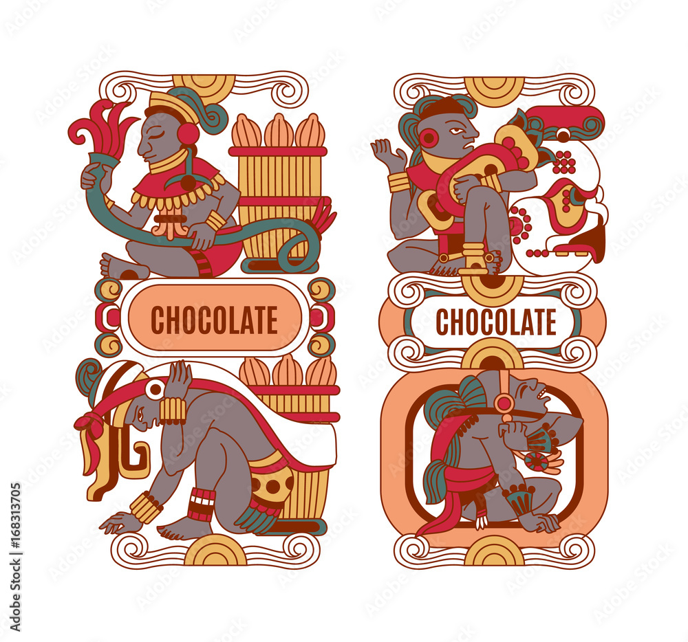 Obraz premium Vector illustration aztec cacao pattern for chocolate package design.