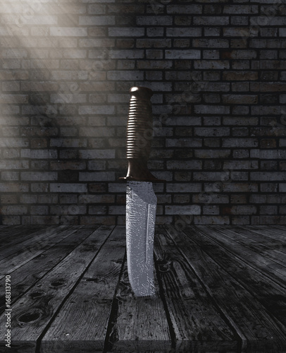 Fototapeta 3D knife stuck in a wooden table in a grunge brick room