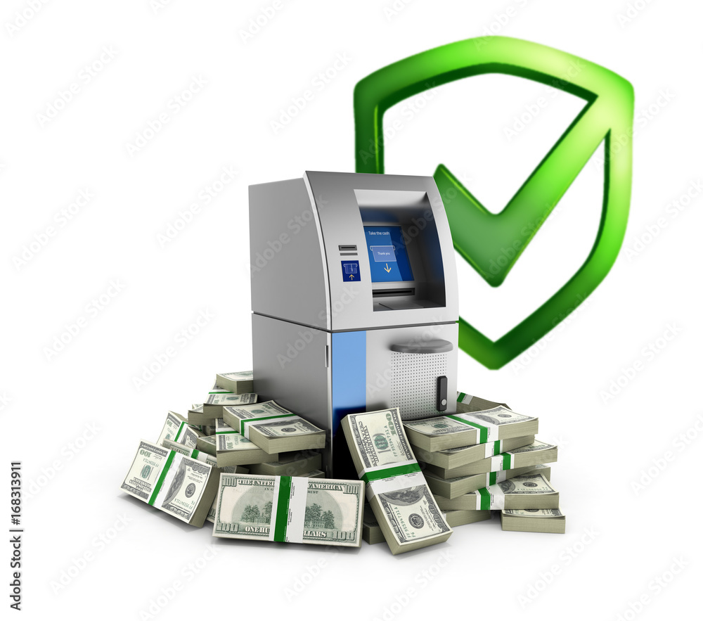 ATM surrounded by 100 dollar bankrolls with shield Bank protection concept Bank Cash Machine in pile of money american dollar bills isolated on white background 3d without shadow ATM surrounded by 100 dollar bankrolls with shield Bank protection concept Bank Cash Machine in pile of money american dollar bills isolated on white background 3d without shadow