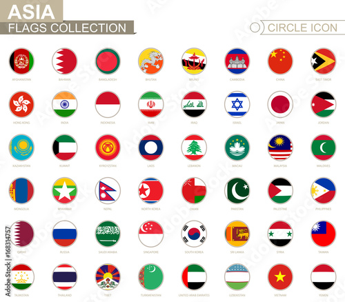 Alphabetically sorted circle flags of Asia. Set of round flags.