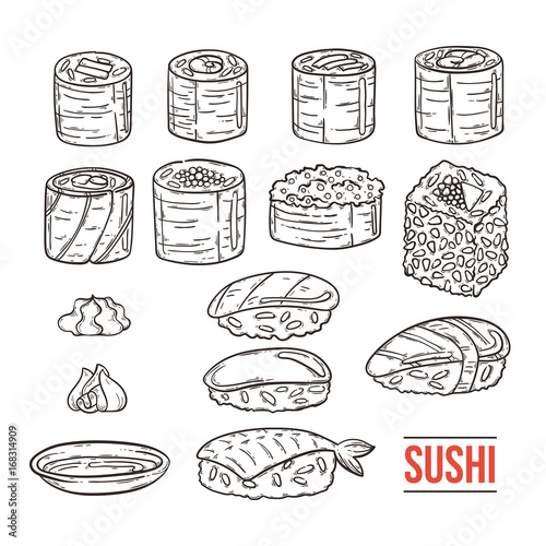 Doodle japanese sushi and rolls collection. Traditional fresh seafood. Asia cuisine delicious. Rice with salmon, eel, alga.