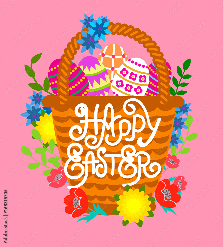 Vector illustration Easter lettering poster with floral elements, colored eggs on pink backdrop.