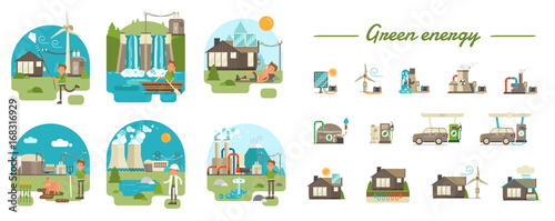 Main Green Energy Types. 6 Flat Style Illustrated Scenes with Boy Character + 13 Illustrated Icons.