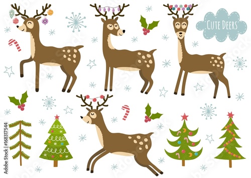 Vector set of cute isolated deers and christmas trees. Vector illustration