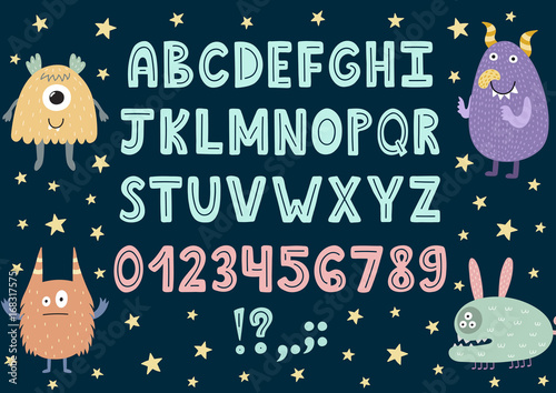 Hand drawn alphabet with cute monsters. Letters A to Z plus numbers. Vector illustration