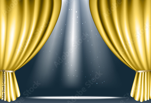 Vector illustration poster with golden curtains and light rays.