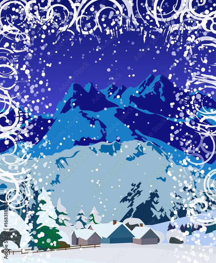 Vector illustration winter nature landscape with mountains and homes.