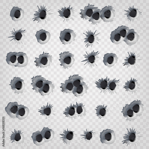 Bullet Holes Set Vector. Weapon Holes Isolated On Transparent Background. Illustration