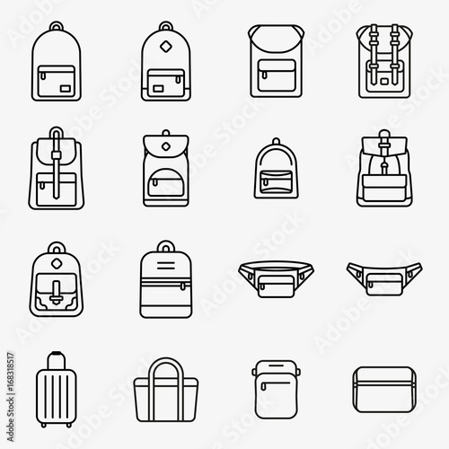 Travel Bag and Backpack Minimal Flat Line Stroke Icon Pictogram Symbol Illustration Set Collection	