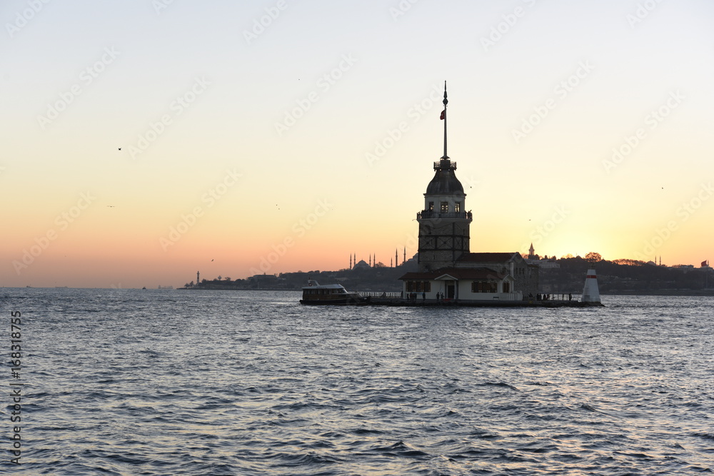 Sunset time on Istanbul Bosphorus and Maiden's Tower