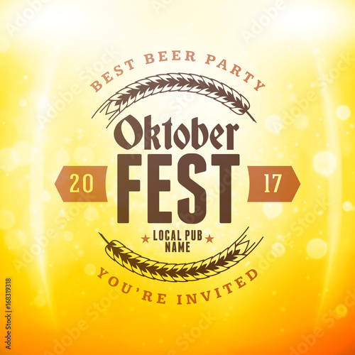 Beer festival Oktoberfest celebrations. Vintage beer badge on the golden beer background with light effects. Vector design element
