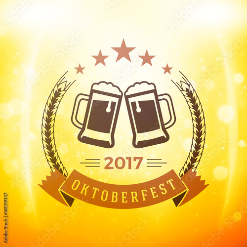 Beer festival Oktoberfest celebrations. Vintage beer badge on the golden beer background with light effects. Vector design element