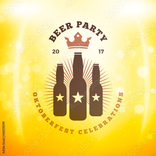 Beer festival Oktoberfest celebrations. Vintage beer badge on the golden beer background with light effects. Vector design element