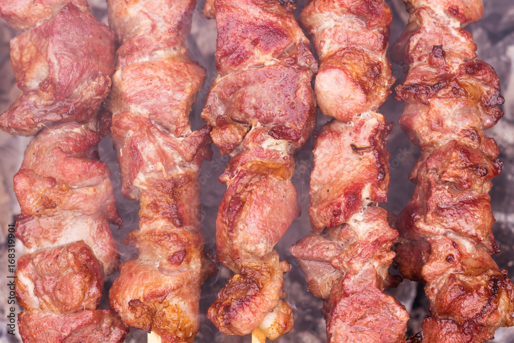 Barbecue party. Close-up of some meat skewers, on grill.