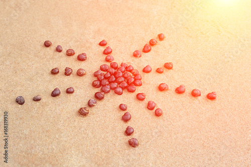 close up of image Sun laid out with seashells on sand. Concept of vacation, travel, recreation at sea