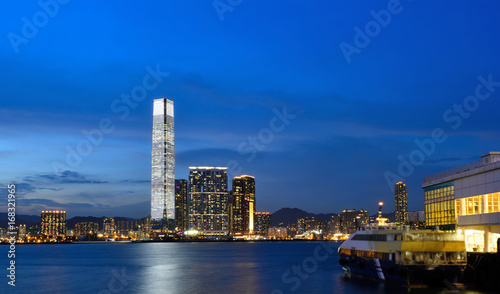 Photography Panorama of Tsim Sha Tsui at night in Hong Kong.