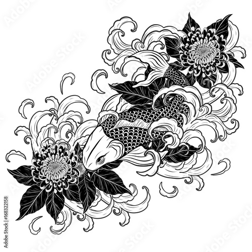 Koi fish and chrysanthemum tattoo by hand drawing.Tattoo art highly detailed in line art style.