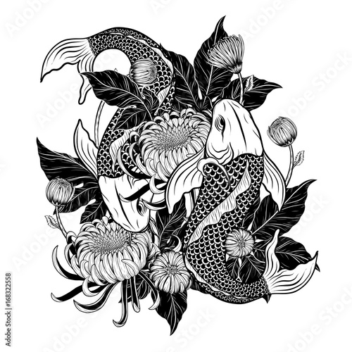 Koi fish and chrysanthemum tattoo by hand drawing.Tattoo art highly detailed in line art style.