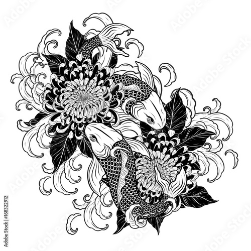Koi fish and chrysanthemum tattoo by hand drawing.Tattoo art highly detailed in line art style.