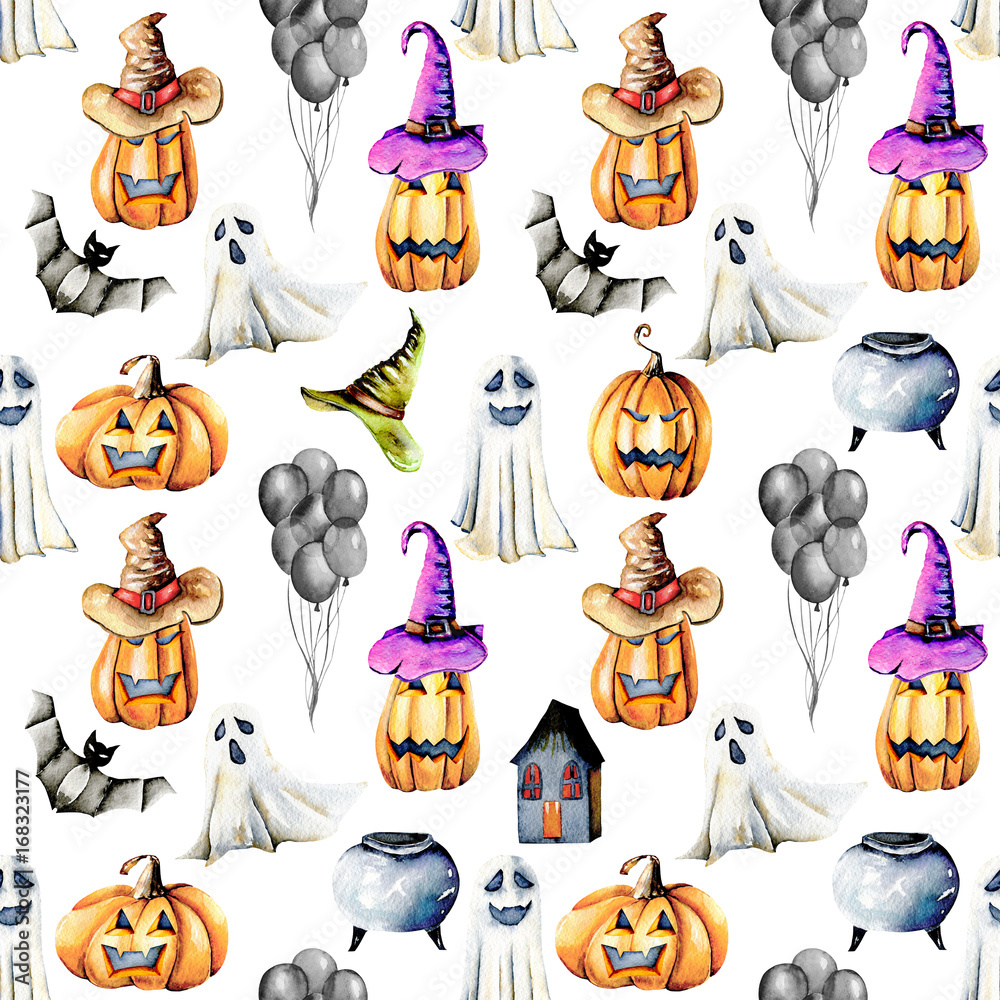 Fototapeta premium Seamless pattern with watercolor Halloween objects (pumpkins in old hats, spooks, skull, pot and other), hand painted isolated on a white background