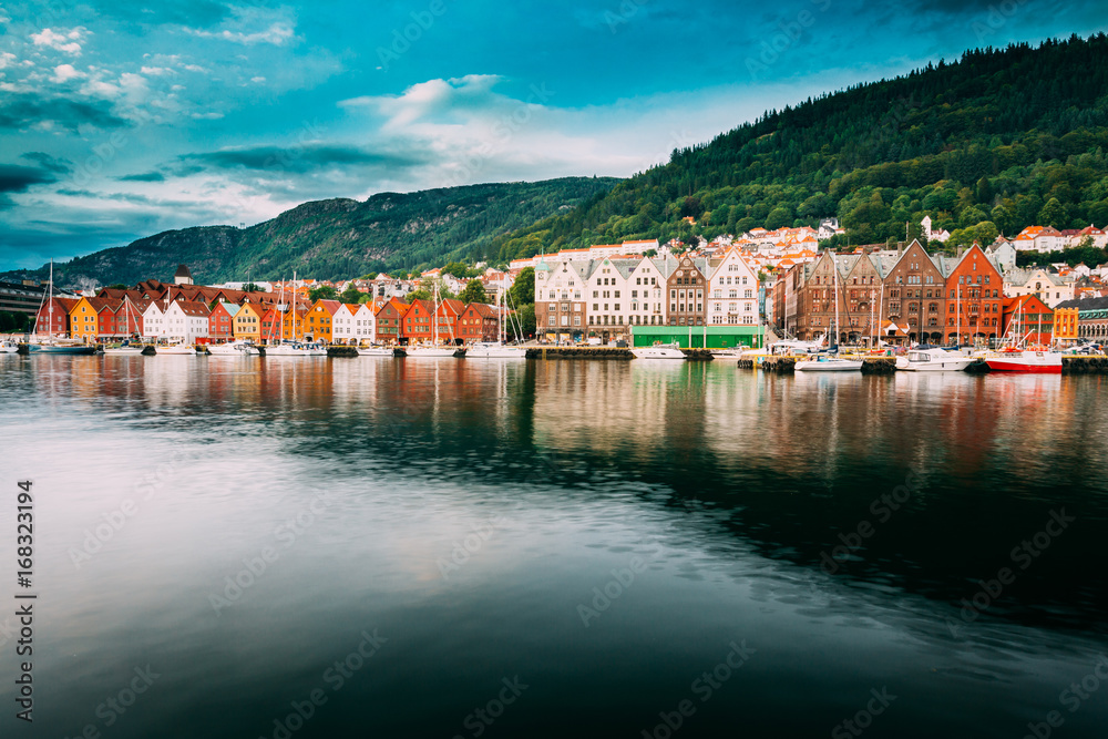 Bergen, Norway. View Of Historical Buildings Houses In Bryggen - Hanseatic Wharf In Bergen, Norway. UNESCO