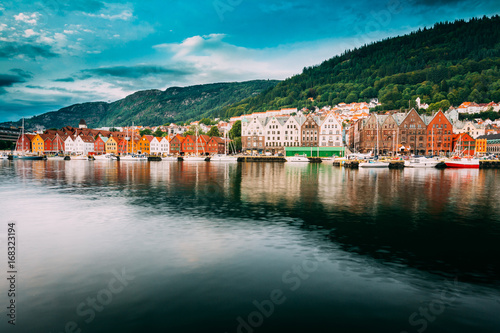 Bergen, Norway. View Of Historical Buildings Houses In Bryggen - Hanseatic Wharf In Bergen, Norway. UNESCO