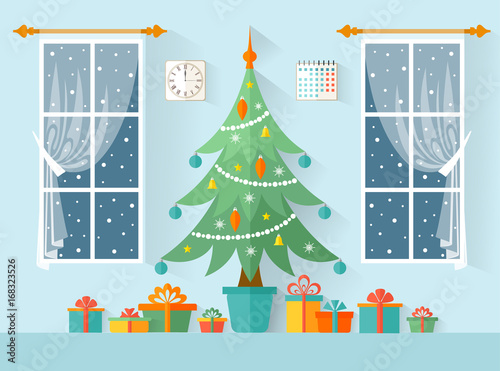 Festive Christmas interior. Vector illustration in a flat style. Christmas tree with boxes and gifts. New Year card.