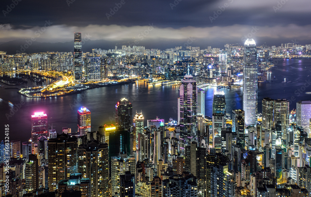 Fototapeta premium Panorama view of Hong Kong city skyline at night