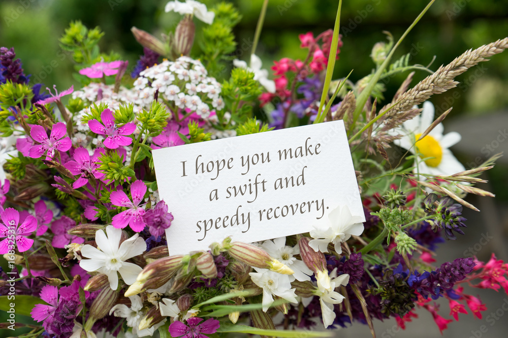Naklejka premium get well / Greeting card with colorful bouquet and English text: I hope you make a swift and speedy recovery 