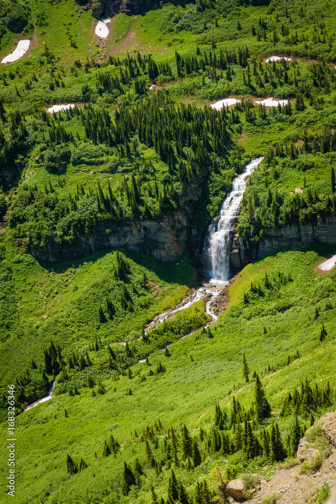 Waterfalls along the Going to the Sun Road in Glacier National Park from above