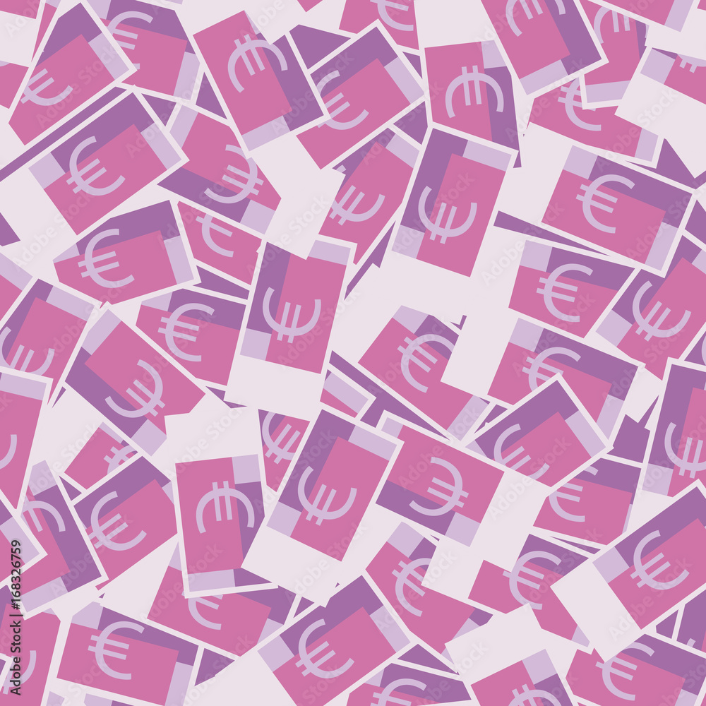 Seamless money pattern with many euro currency signs. Pink background with paper banknotes in chaotic manner. Flat hand draw style