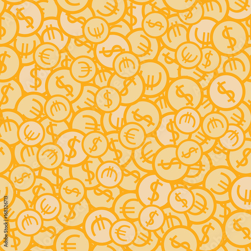 Seamless money pattern with coins with dollar and euro signs. Gold background with precious metal coins in chaotic manner. Flat hand draw style
