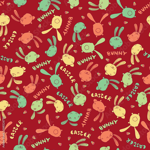 Seamless nature pattern with cute bunny or rabbit in red color. Funny background with animal in chaotic manner. Cartoon hand draw style