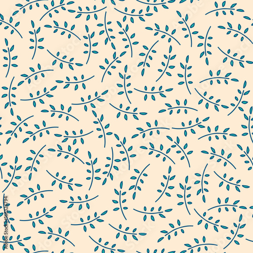Seamless nature pattern with cute twigs in beige color. Foliage background with leaves in chaotic manner. Cartoon hand draw style