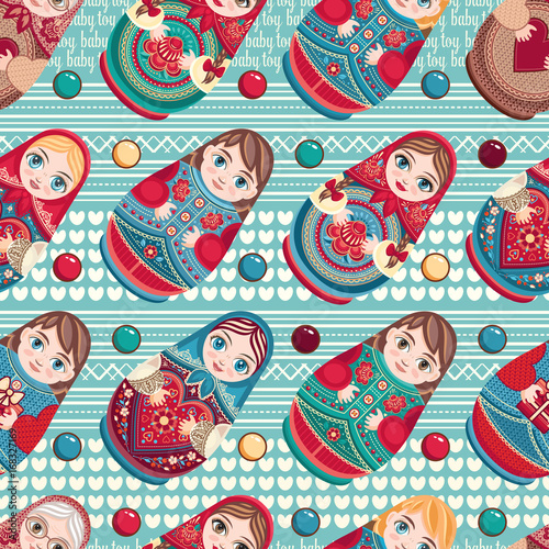 Russian souvenir. Matryoshka - babushka doll. Seamless pattern. Vector