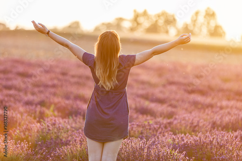 Fototapeta Naklejka Na Ścianę i Meble -  Happy young woman on lavender field at sunset