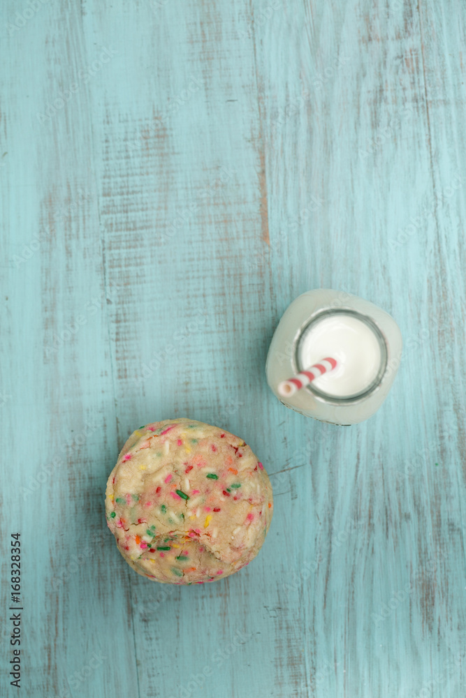 Confetti Cookies with Glass of Milk From Above Confetti Cookies with Glass of Milk From Above